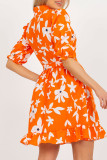 Vintage Elegant Floral Buckle With Belt Mandarin Collar Printed Dresses