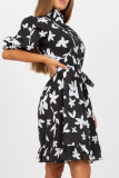 Vintage Elegant Floral Buckle With Belt Mandarin Collar Printed Dresses