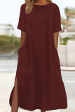 Casual Simplicity Leopard Pocket Slit O Neck Short Sleeve Dresses