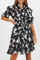 Vintage Elegant Floral Buckle With Belt Mandarin Collar Printed Dresses