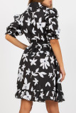 Vintage Elegant Floral Buckle With Belt Mandarin Collar Printed Dresses