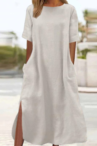 Casual Simplicity Leopard Pocket Slit O Neck Short Sleeve Dresses