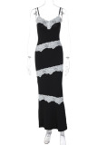 Sexy Solid Lace Contrast V Neck One Step Skirt Dresses