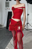 Sexy Solid Appliques Flounce Off the Shoulder Sleeveless Two Pieces