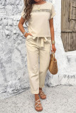Vintage Simplicity Solid Pocket Frenulum O Neck Short Sleeve Two Pieces