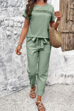 Vintage Simplicity Solid Pocket Frenulum O Neck Short Sleeve Two Pieces