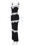 Sexy Solid Lace Contrast V Neck One Step Skirt Dresses
