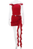 Sexy Solid Appliques Flounce Off the Shoulder Sleeveless Two Pieces