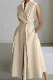 Casual Simplicity Solid Pocket Fold V Neck Shirt Dresses