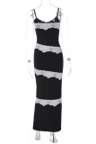 Sexy Solid Lace Contrast V Neck One Step Skirt Dresses