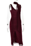 Sexy Solid Slit Mesh Scarf Collar Wrapped Skirt Dresses