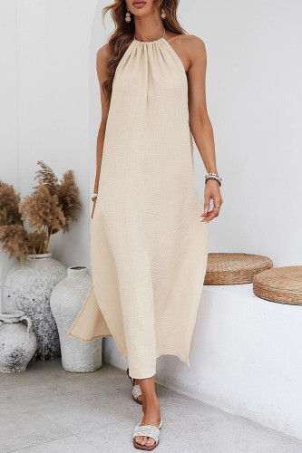 Casual Solid Tassel Backless Slit Halter Sleeveless Dresses