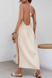 Casual Solid Tassel Backless Slit Halter Sleeveless Dresses