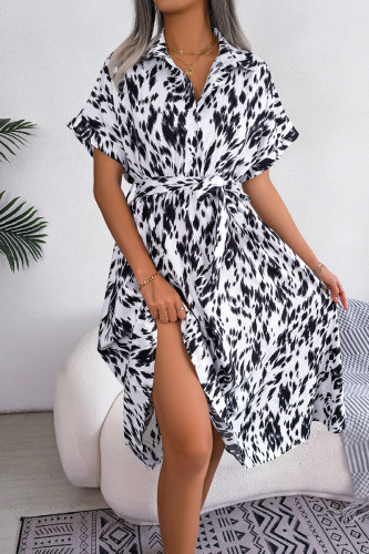 Casual Vintage Animal Print Print Bandage Buttons Turndown Collar Shirt Dresses