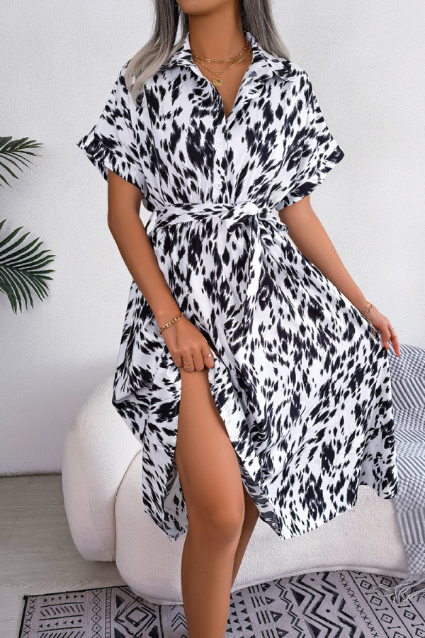 Casual Vintage Animal Print Print Bandage Buttons Turndown Collar Shirt Dresses