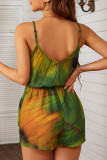 Casual Vintage Gradual Change Print Draw String Pocket V Neck Loose Rompers