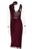 Sexy Solid Slit Mesh Scarf Collar Wrapped Skirt Dresses