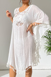 Sexy Vacation Solid Hook Flower Tassel Hollowed Out Swimwears Cover Up