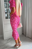 Celebrities Elegant Print Flowers Slit Fold V Neck One Step Skirt Dresses