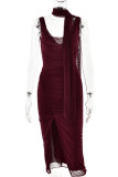 Sexy Solid Slit Mesh Scarf Collar Wrapped Skirt Dresses