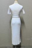 Elegant Solid Slit V Neck Short Sleeve Two Pieces