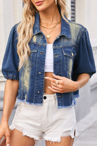 Casual Street Solid Ripped Turndown Collar Short Sleeve Regular Denim Jacket