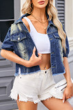 Casual Street Solid Ripped Turndown Collar Short Sleeve Regular Denim Jacket