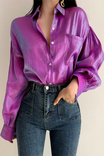 Elegant Solid Pocket Buttons Turndown Collar Tops