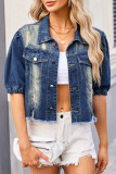 Casual Street Solid Ripped Turndown Collar Short Sleeve Regular Denim Jacket