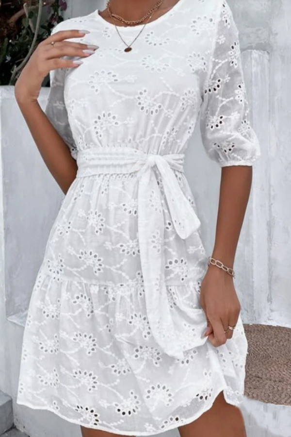 Sweet Elegant Solid Jacquard Bandage O Neck Cake Skirt Dresses