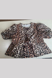 Sexy Vintage Print Leopard Frenulum O Neck Tops