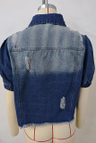 Casual Street Solid Ripped Turndown Collar Short Sleeve Regular Denim Jacket