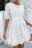 Sweet Elegant Solid Jacquard Bandage O Neck Cake Skirt Dresses