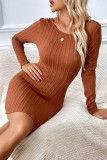 Sexy Solid Hollowed Out Backless Texture O Neck Wrapped Skirt Dresses