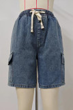 Casual Street Solid Make Old Draw String Pocket High Waist Loose Denim Shorts
