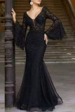 Elegant Formal Solid Embroidered V Neck Evening Dresses