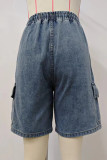 Casual Street Solid Make Old Draw String Pocket High Waist Loose Denim Shorts