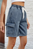 Casual Street Solid Make Old Draw String Pocket High Waist Loose Denim Shorts
