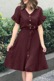 Casual Simplicity Solid Frenulum Buckle Flounce V Neck A Line Dresses