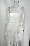 Sweet Solid Mesh With Bow Oblique Collar Princess Dresses