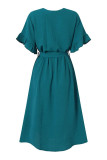 Casual Simplicity Solid Frenulum Buckle Flounce V Neck A Line Dresses