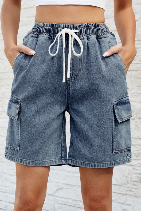 Casual Street Solid Make Old Draw String Pocket High Waist Loose Denim Shorts