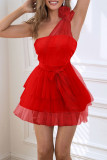 Sweet Solid Mesh With Bow Oblique Collar Princess Dresses