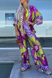 Casual Vintage Floral Bandage Cardigan Collar Nine Points Sleeve Two Pieces