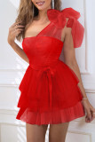Sweet Solid Mesh With Bow Oblique Collar Princess Dresses