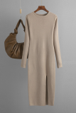Casual Simplicity Solid Slit O Neck Long Sleeve Dresses