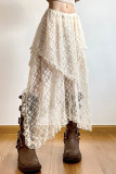 Elegant Solid Lace Asymmetrical High Waist Solid Color Bottoms