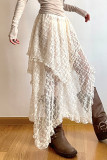 Elegant Solid Lace Asymmetrical High Waist Solid Color Bottoms