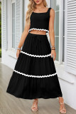 Casual Patchwork Ripple Frenulum Contrast Square Collar Sleeveless Two Pieces