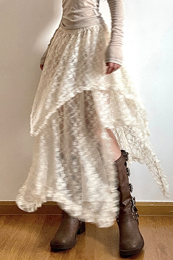 Elegant Solid Lace Asymmetrical High Waist Solid Color Bottoms